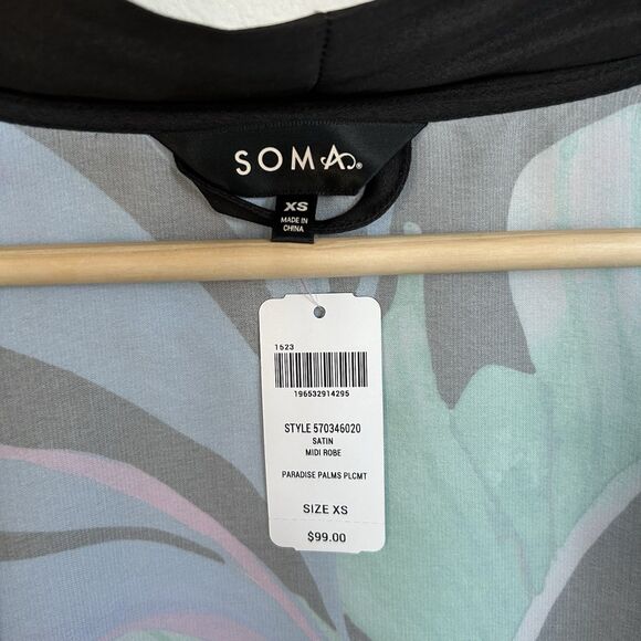 Soma Satin Black Midi Robe XS Paradise Palms Multicolor Short Sleeve Kimono - Picture 4 of 16